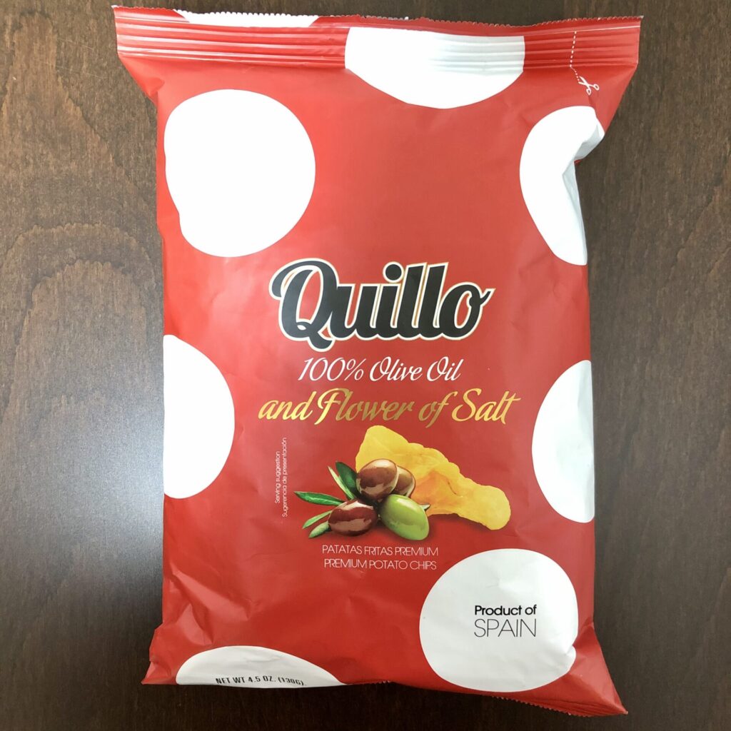 「Quillo（キジョー）　ポテトチップス　100%オリーブオイル」袋の表面